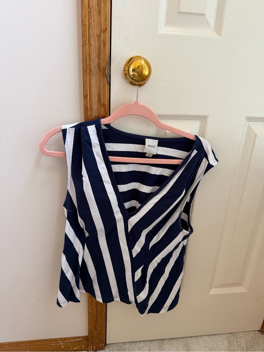 Maeve Navy and White Striped Sleeveless Wrap Tank